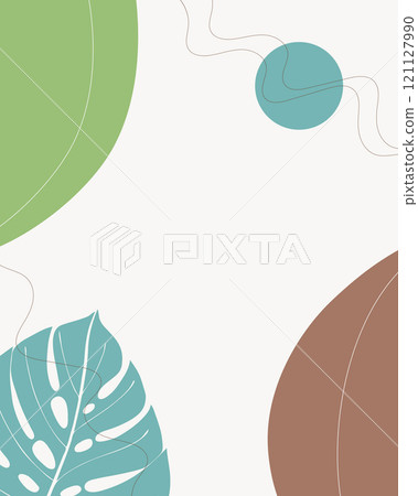 Botany background with abstract blue green shapes and monstera, template for flyer poster brochure and empty space for inscription. Botany background with abstract blue green shapes and monstera, template for flyer poster brochure and empty space for inscription. 121127990