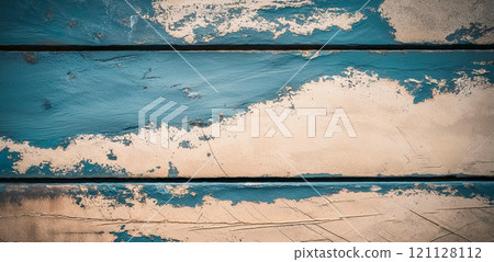 Wooden surface grunge texture of beige blue paint, wooden wall with scratches and cracks created by artificial intelligence. 121128112