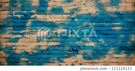 Brick surface grunge texture of beige blue paint, brickwork wall with scratches and cracks created by artificial intelligence. 121128113