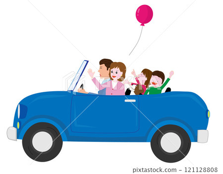 A family enjoying a drive in an open-top car. 121128808