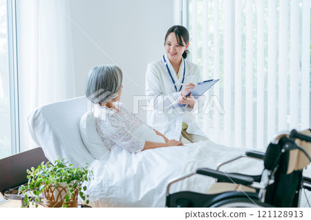 Senior woman living in a nursing home and a woman in a white coat Senior woman living in a nursing home and a woman in a white coat 121128913