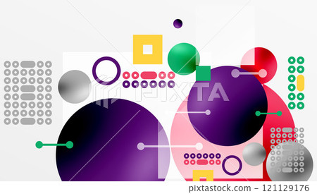 Minimalistic abstract vector design, layered geometric shapes circles, squares, and triangles with soft pastel gradients and semi-transparent effects. Perfect for contemporary use 121129176