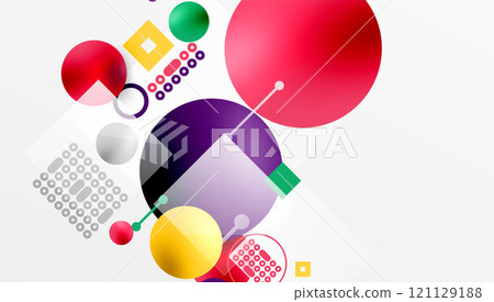 Minimalistic abstract vector design, layered geometric shapes circles, squares, and triangles with soft pastel gradients and semi-transparent effects. Perfect for contemporary use 121129188
