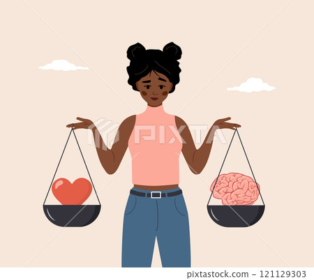 Heart and Brain Balance. Rational reasonable and emotional choice. Cartoon African Female character looking at brain and heart on seesaw. Flat Vector illustration 121129303