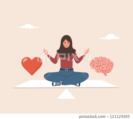Heart and Brain Balance. Mental and Physical Health concept. Young arab woman control feeling and emotion. Flat design. Vector illustration in cartoon style Heart and Brain Balance. Mental and Physical Health concept. Young arab woman control feeling and emotion. Flat design. Vector illustration in cartoon style 121129305
