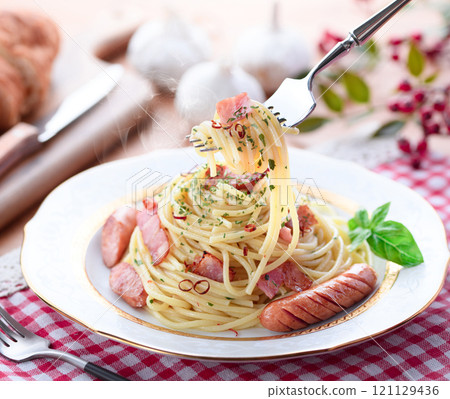 Bacon and Wiener Peperoncino Spaghetti 121129436