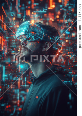 Futuristic Virtual Reality Concept with Cyberpunk Aesthetic. 121130095