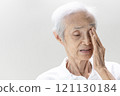 Asian senior woman with Age-related macular degeneration(AMD), degenerative of the retina or macula of the eye,blurred vision,old elderly touching her eye with hand,loss of sight,health care,medical 121130184