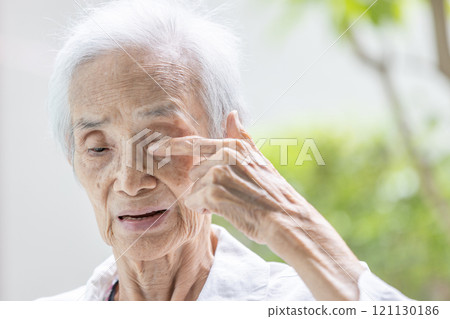 Asian senior woman with Glaucoma,pressure within the eyeball,loss of sight,old elderly with Cataract,rubbing her eye,irritated,itchy eyes,problem of lens of the eye,blurred vision,health care,medical 121130186