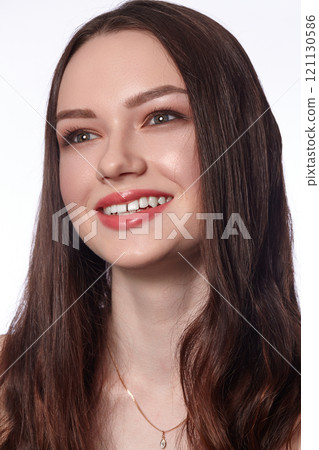 Beautiful Smiling Woman with Clean Skin, Natural Make-Up. Joyfull and Happiness. Emotional Female Face. Health, Wellness Beautiful Smiling Woman with Clean Skin, Natural Make-Up. Joyfull and Happiness. Emotional Female Face. Health, Wellness 121130586