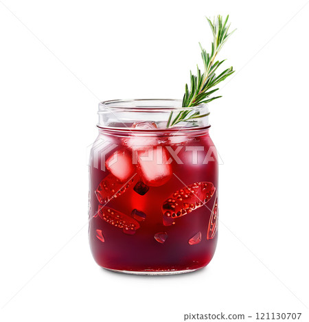 Pomegranate lemonade with floating seeds ice cubes and sprig of rosemary deep red liquid served Pomegranate lemonade with floating seeds ice cubes and sprig of rosemary deep red liquid served 121130707