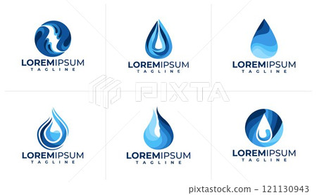 Set of colorful blue mineral water drop logo Set of colorful blue mineral water drop logo 121130943