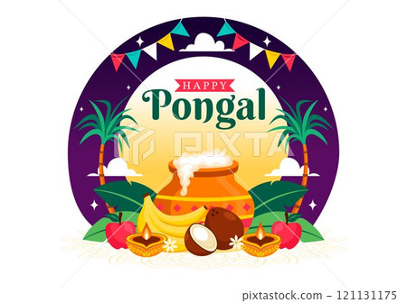 Happy Pongal Vector Illustration of the Traditional Tamil Nadu India Festival Celebration, Featuring Sugarcane and a Plate of Religious Props 121131175