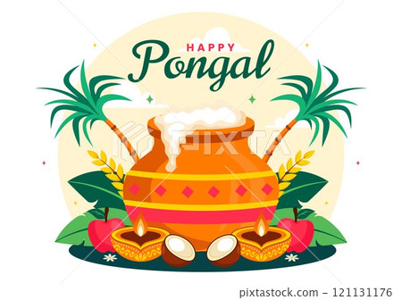 Happy Pongal Vector Illustration of the Traditional Tamil Nadu India Festival Celebration, Featuring Sugarcane and a Plate of Religious Props Happy Pongal Vector Illustration of the Traditional Tamil Nadu India Festival Celebration, Featuring Sugarcane and a Plate of Religious Props 121131176