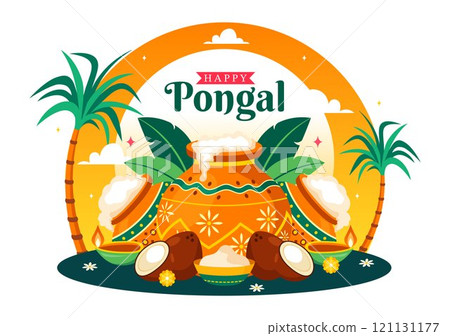 Happy Pongal Vector Illustration of the Traditional Tamil Nadu India Festival Celebration, Featuring Sugarcane and a Plate of Religious Props 121131177
