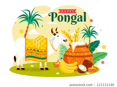 Happy Pongal Vector Illustration of the Traditional Tamil Nadu India Festival Celebration, Featuring Sugarcane and a Plate of Religious Props 121131180