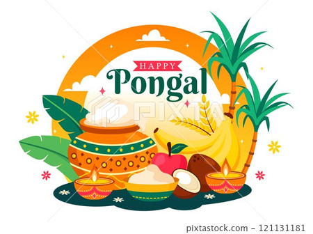 Happy Pongal Vector Illustration of the Traditional Tamil Nadu India Festival Celebration, Featuring Sugarcane and a Plate of Religious Props Happy Pongal Vector Illustration of the Traditional Tamil Nadu India Festival Celebration, Featuring Sugarcane and a Plate of Religious Props 121131181