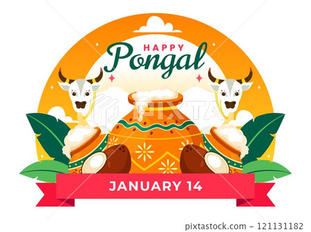 Happy Pongal Vector Illustration of the Traditional Tamil Nadu India Festival Celebration, Featuring Sugarcane and a Plate of Religious Props 121131182
