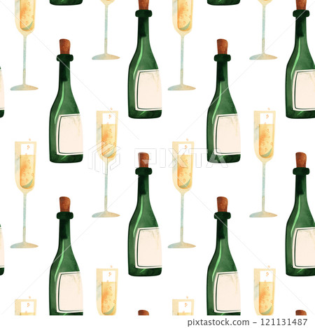 Champagne. White sparkling wine. Glasses and bottles. Seamless pattern for textiles and wrapping paper for the holiday Champagne. White sparkling wine. Glasses and bottles. Seamless pattern for textiles and wrapping paper for the holiday 121131487