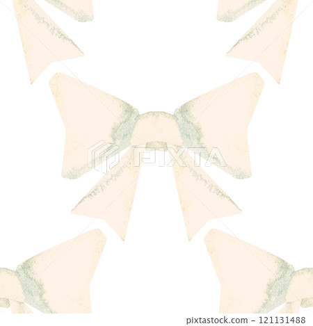 Seamless pattern of white bows. Pattern for textiles, women's dresses and blouses, wrapping paper, packaging, boxes in a feminine and romantic style. Watercolor hand drawn in vintage style. Seamless pattern of white bows. Pattern for textiles, women's dresses and blouses, wrapping paper, packaging, boxes in a feminine and romantic style. Watercolor hand drawn in vintage style. 121131488