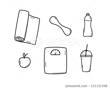 Sports doodle icon set concept. Design elements of a sports invert, a healthy lifestyle. Vector illustration Sports doodle icon set concept. Design elements of a sports invert, a healthy lifestyle. Vector illustration 121132388