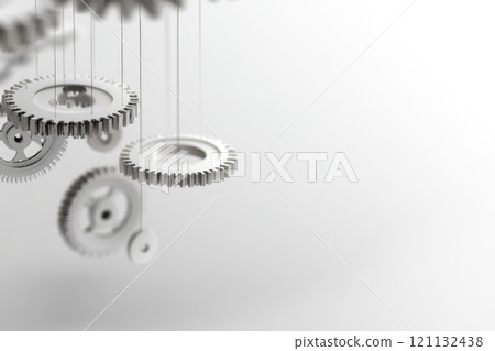 Data Dynamics: Mechanical gears and gear systems visualized through interconnected lines, dots, big data graphics with copy space for impactful banner, presentation 121132438