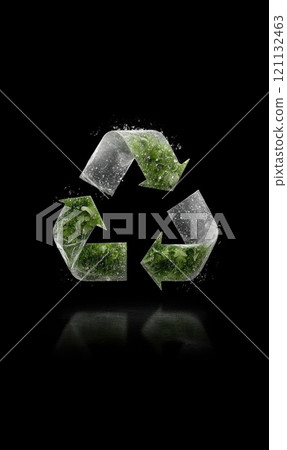 Eco icon: green recycle symbol displayed in nature inspired design on banner, copy space for highlighting sustainability initiatives, promoting eco conscious habits for greener future. 121132463