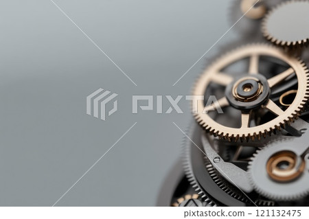 Data Dynamics: Mechanical gears and gear systems visualized through interconnected lines, dots, big data graphics with copy space for impactful banner, presentation 121132475
