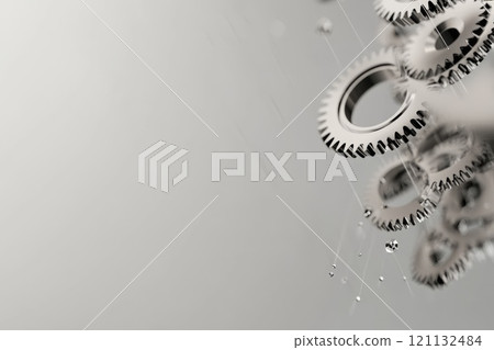 Data Dynamics: Mechanical gears and gear systems visualized through interconnected lines, dots, big data graphics with copy space for impactful banner, presentation 121132484