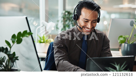 Happy Asian man, call center or laptop in office for contact us at law firm with mic, smile or justice advice. Legal consultant, typing or customer support for dispute resolution service at help desk 121132618