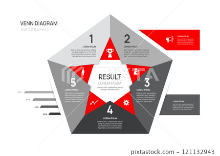 Infographic Venn diagram chart template for business 5 parts, options, presentation with venn diagram elements vector illustration. Infographic Venn diagram chart template for business 5 parts, options, presentation with venn diagram elements vector illustration. 121132943