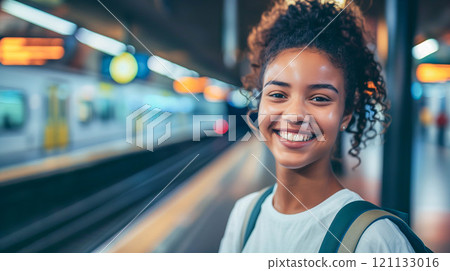Young woman smiling on subway station platform. 121133016