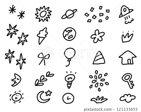 A cute icon set of doodle-style glitter, moon, space, balloons, and fireworks 121133055