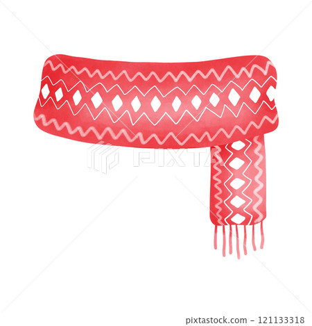 Cozy watercolor illustration with a festive Christmas scarf. 121133318