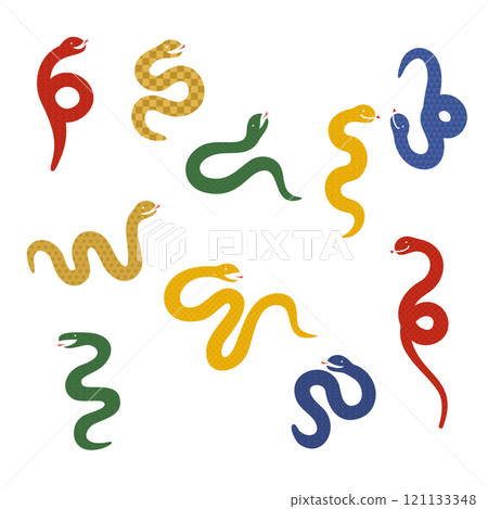 Colorful Japanese pattern snake illustration set Colorful Japanese pattern snake illustration set 121133348