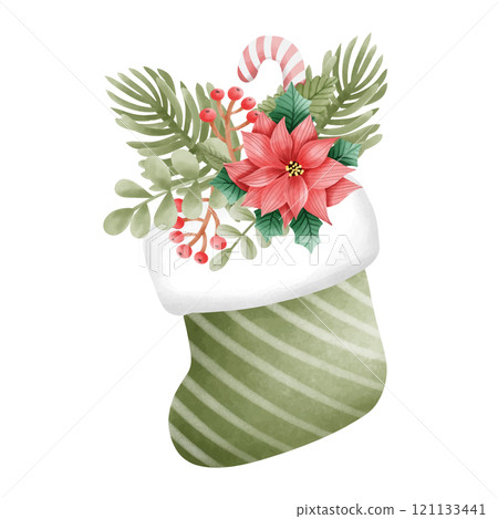 Christmas socks filled with presents. Holiday Santa Claus 121133441