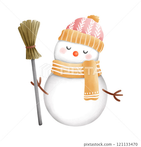 Snowman watercolor christmas painting featuring a festive snowman design, perfect for holiday-themed decor, seasonal illustrations, and winter creative projects. 121133470