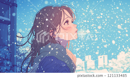 A woman looking up at the snow falling in the city 121133485