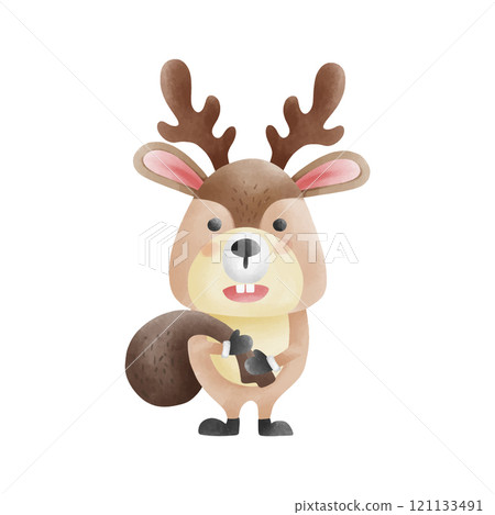 Reindeer watercolor christmas artwork featuring a festive reindeer design, perfect for holiday-themed decor, seasonal illustrations, and winter projects. 121133491