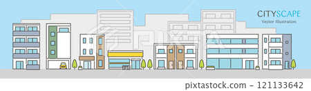 向量圖的城市景觀,廣闊的藍天,排列著設計簡單的公寓和辦公大樓 向量圖的城市景觀,廣闊的藍天,排列著設計簡單的公寓和辦公大樓 121133642