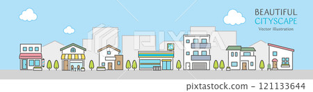 A vector illustration of a cityscape with simply designed shops and houses lined up under a blue sky A vector illustration of a cityscape with simply designed shops and houses lined up under a blue sky 121133644