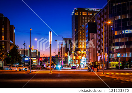 Asahikawa City, Hokkaido, Twilight time streetscape 121133870