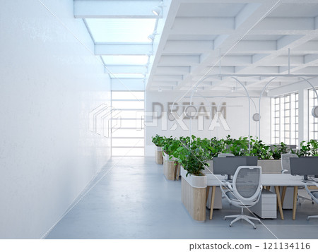 Sleek, modern office space with natural light and greenery. 121134116