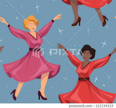 Vector seamless pattern with happy dancing women in red dress on blue background. Texture with professional dancer. Active lifestyle 121134123