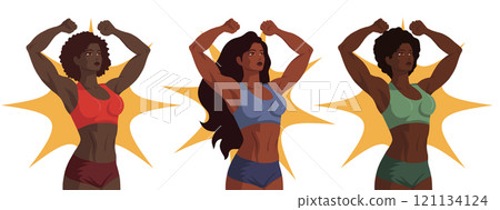 Vector clip arts set of Black women bodybuilder in retro poster style. Strong muscular African and Mexican woman. Collection with a sporty women 121134124
