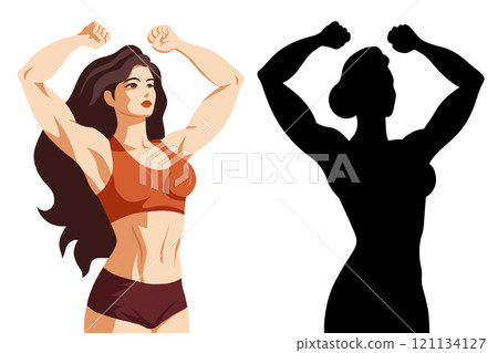 Vector set of women bodybuilder in retro style and black silhouette Collection of strong muscular women. Female power. 121134127