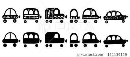 Vector set of hand drawn black silhouettes of cars in naive style. Collection of clip art of various transport 121134129