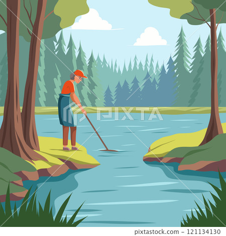 Vector illustration of old woman cleaning water in a forest pond. Volunteering and an active lifestyle in retirement. Ecological concept 121134130