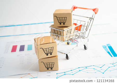 Online shopping, Shopping cart box on business graph, import export, finance commerce. 121134168