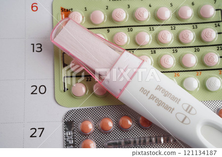 Pregnancy test with birth control pills for female of ovulation day, fetus, maternity, childbirth. 121134187
